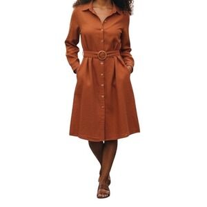 FAVLIX Fashion Rust Orange Button Front Belted‎ Shirt Dress Midi Size L